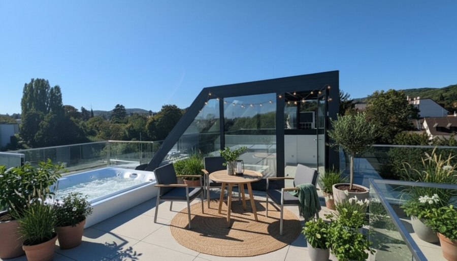 Penthouse mit sensationellem Wienblick – Wohnen über zwei Ebenen mit privater Dachterrasse - Dachterrasse mit Wienblick - Rendering Architekt (679421)