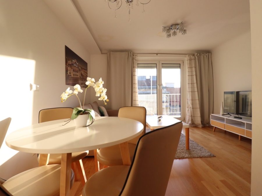 Chice, vollmöblierte Mietwohnung: West-Terrasse/ Fernblick/ U-Bahnnähe/ Stellplatz optional - Wohnzimmer (675310)
