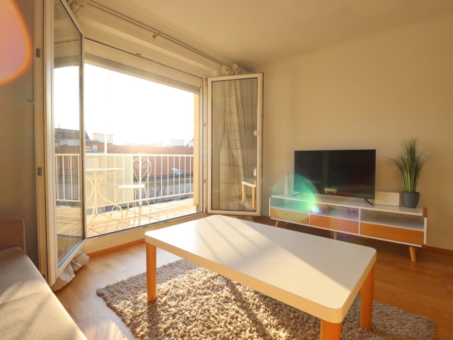 Chice, vollmöblierte Mietwohnung: West-Terrasse/ Fernblick/ U-Bahnnähe/ Stellplatz optional - Wohnzimmer mit West-Terrasse (675308)